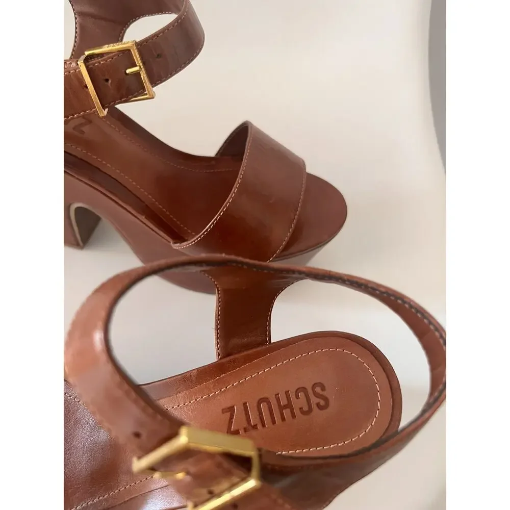 Schutz Tuke Platform Sandals Womens US 5.5 Cognac Brown Leather Chunky Heel NWOB